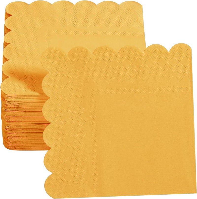 BEFORYOU 200 Pack Cocktail Napkin 2-Ply Scalloped Edged Dessert Napkins Folded 5 x 5 Inches Disposable Napkins for Dinner Wedding Birthday Party Bridal Anniversary Reception Event (Yellow) - Image 4